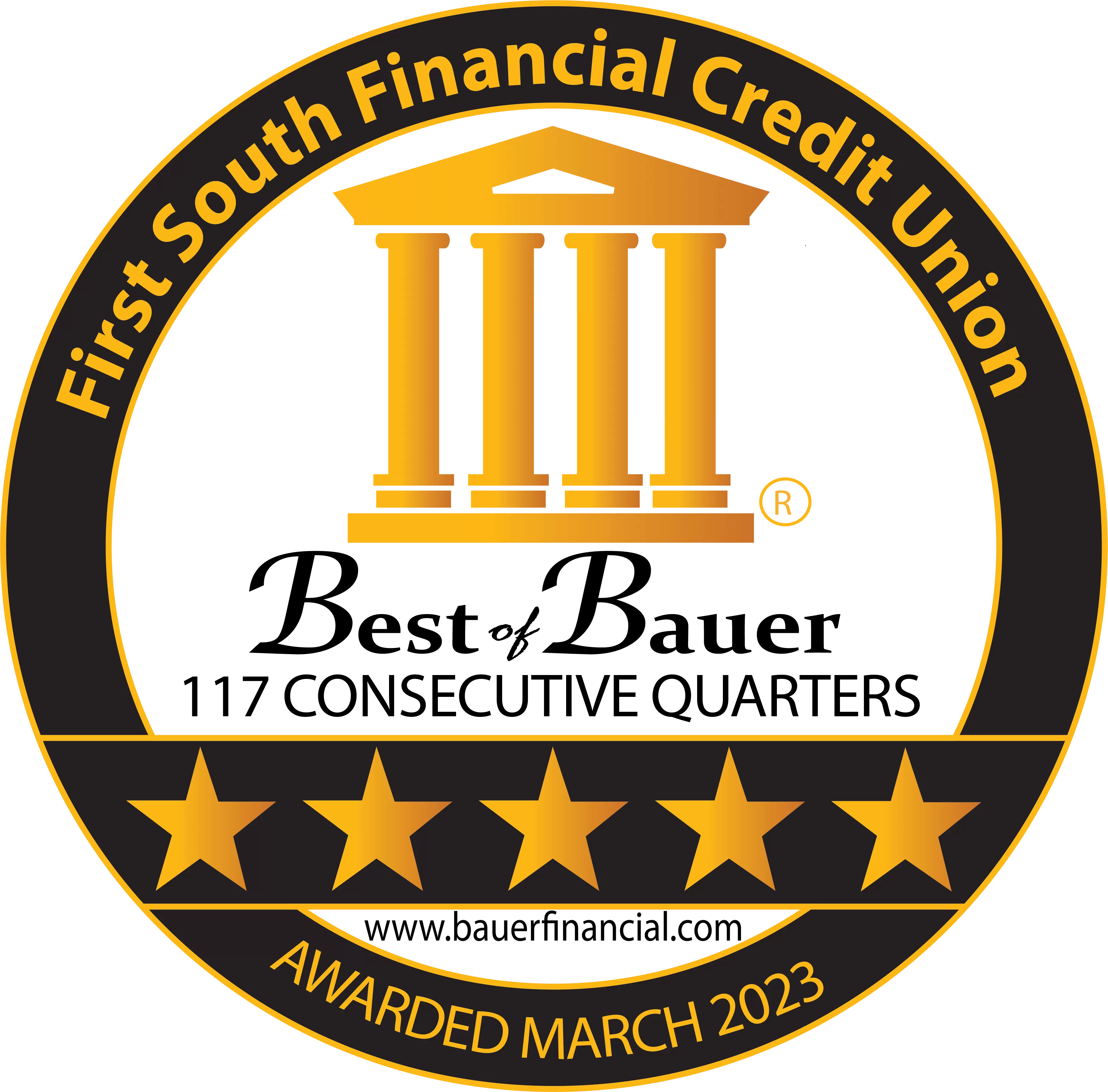 Our institution is rated 5 stars by Bauer for 117 consecutive quarters